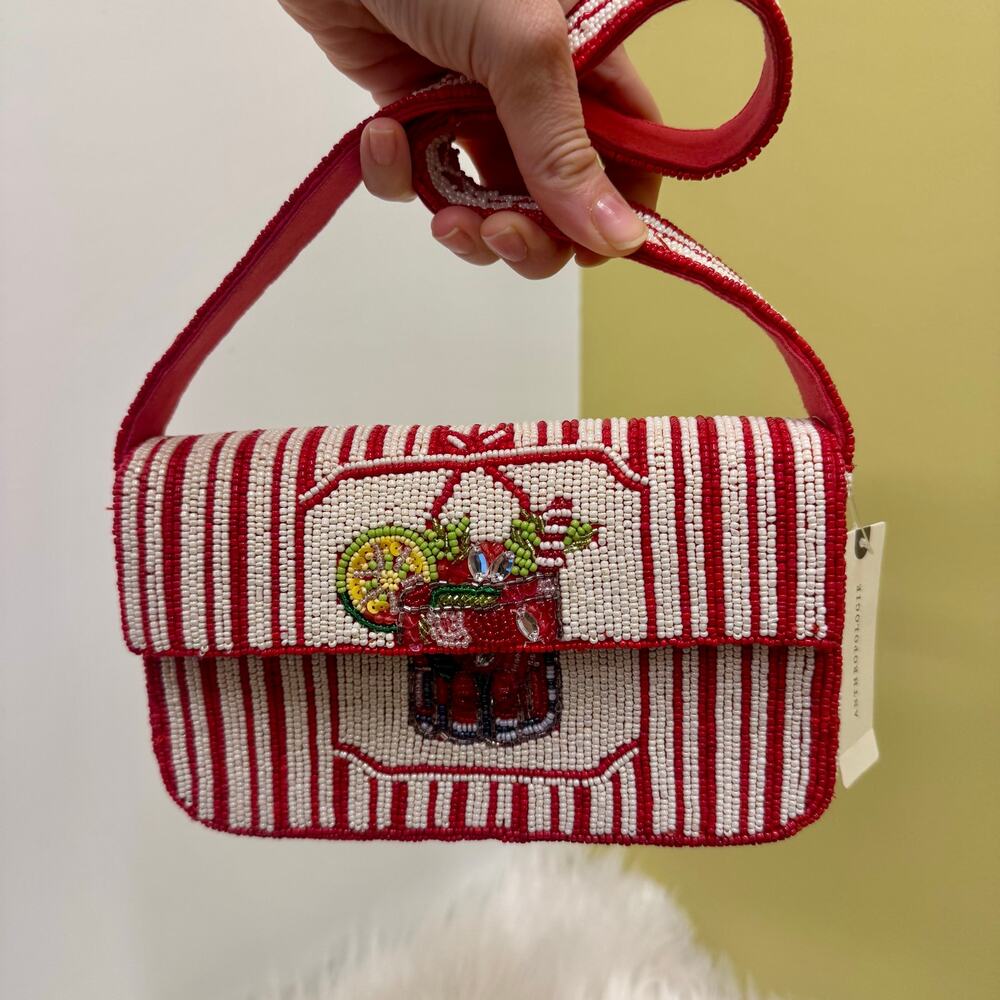 Anthropologie Fiona Beaded Bag Cocktail Red White Stripe Food Drink Edition NEW